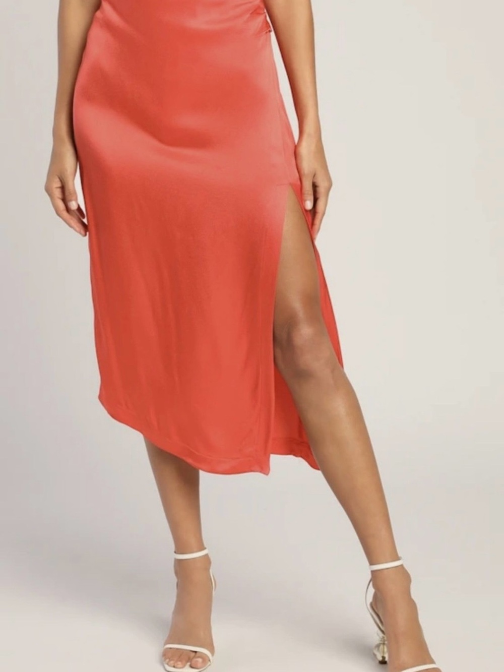 Lulu's Coral-Red Satin Midi Skirt with High Side Slit